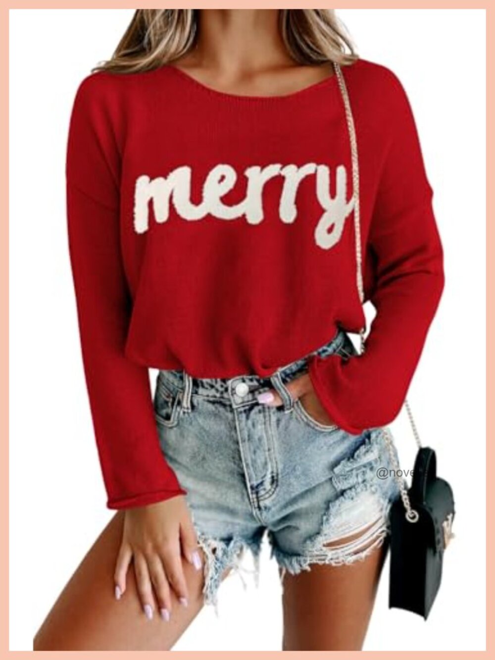 Merry Christmas Sweater Long Sleeve Cotton Blend Embroidered Pullover